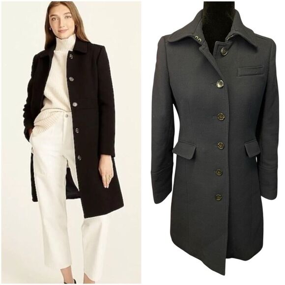 J.Crew Double Cloth Wool Blend Coat 4 Black Italy Fabric Button Front Tailored - Picture 1 of 16